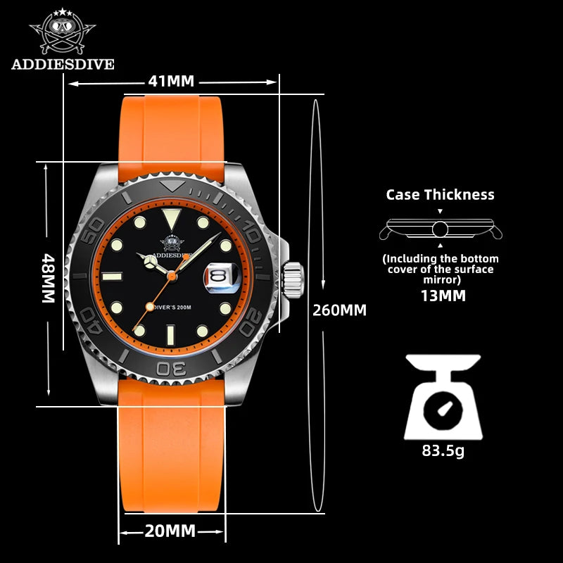 Montre Plongée ADDIESDIVE — Lunette Rotative, Bracelet Rubber