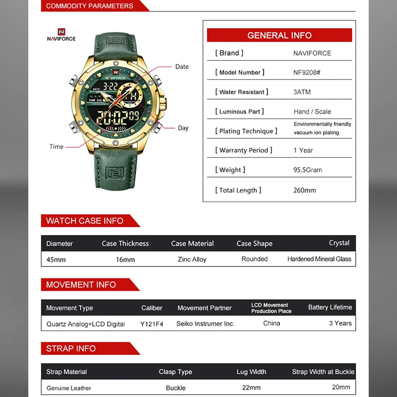 Montre NAVIFORCE 9208 — Quartz &amp; LED, Militaire