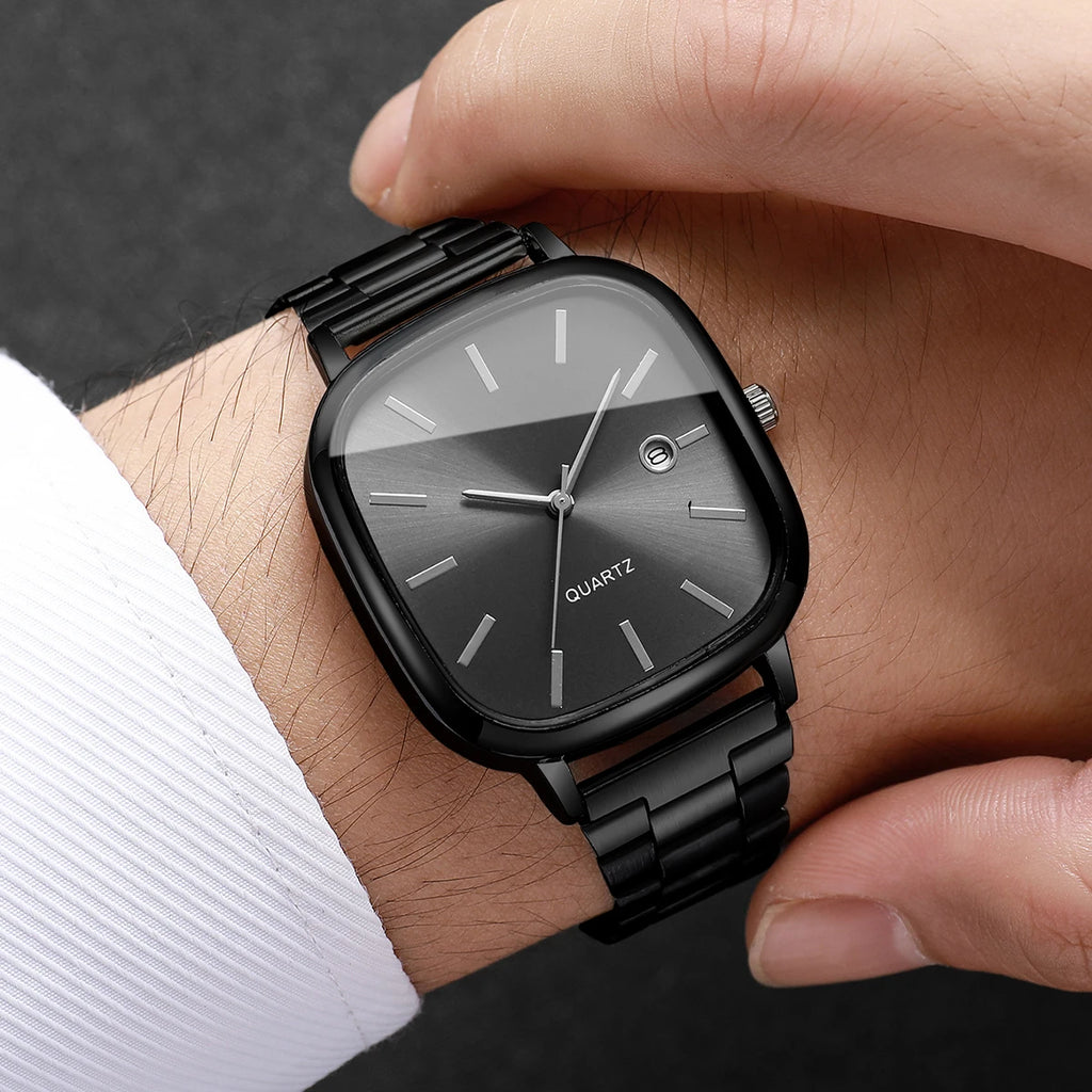 Montre à bracelet en acier, montre carrée rétro en argent avec vrai calendrier, montre à quartz haut de gamme pour hommes et femmes en or brique
