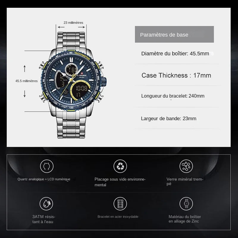 Montre NAVIFORCE — Chronographe Quartz, Bracelet Acier
