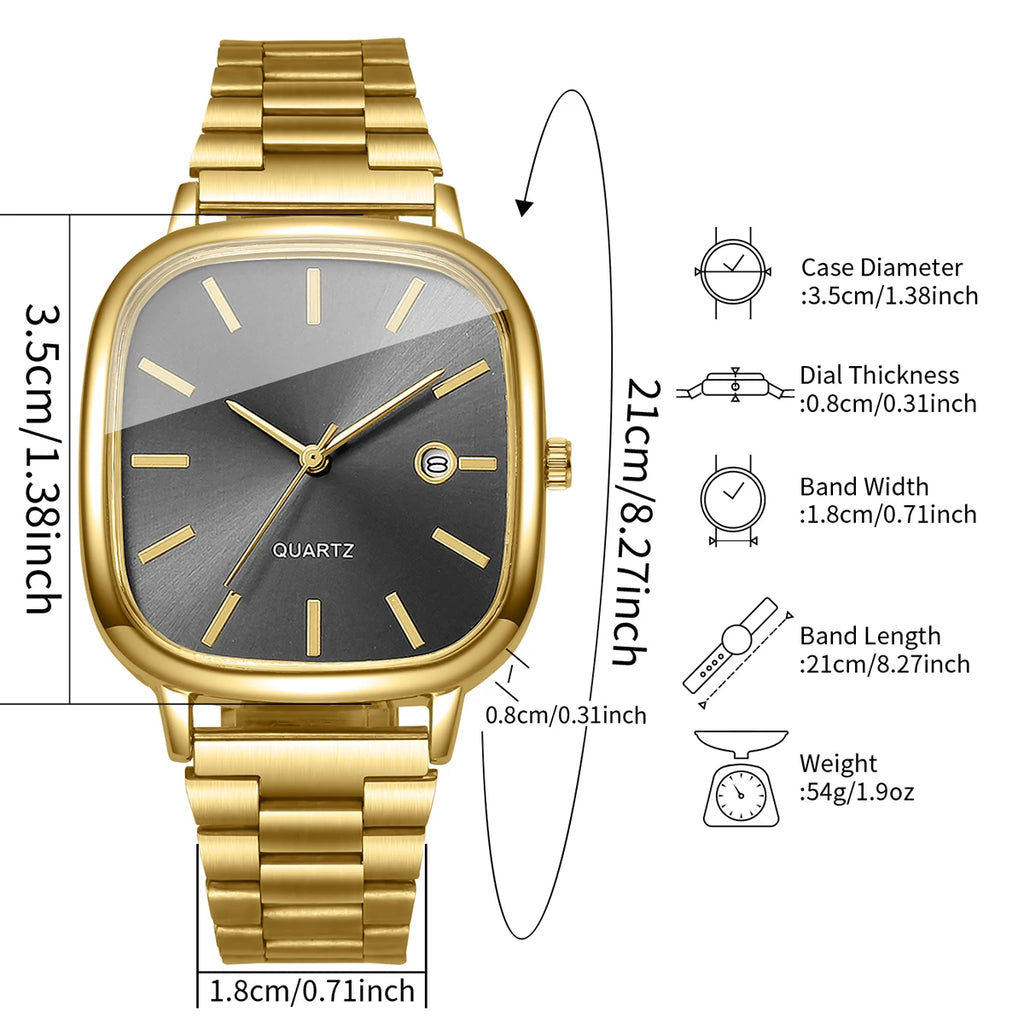 Montre à bracelet en acier, montre carrée rétro en argent avec vrai calendrier, montre à quartz haut de gamme pour hommes et femmes en or brique