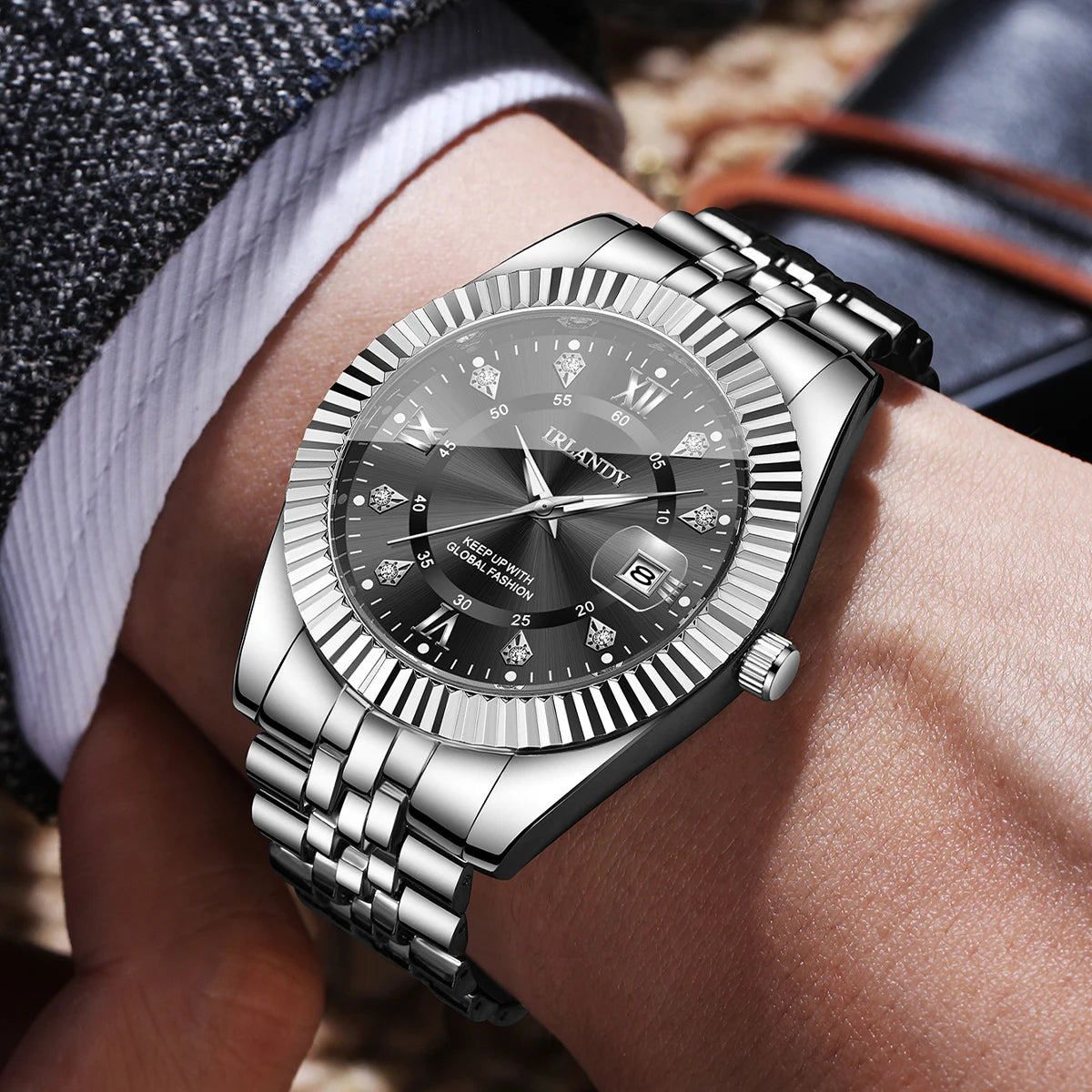 Montres pour hommes à strass mode, montre d'affaires de luxe avec bracelet en acier inoxydable, calendrier pour hommes, montre à quartz Reloj Hombre (sans boîte)