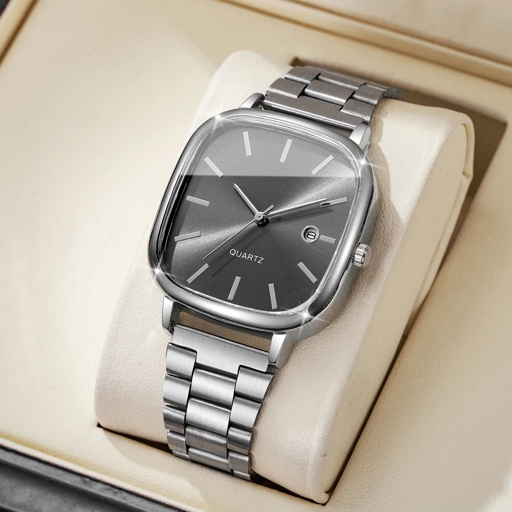 Montre à bracelet en acier, montre carrée rétro en argent avec vrai calendrier, montre à quartz haut de gamme pour hommes et femmes en or brique