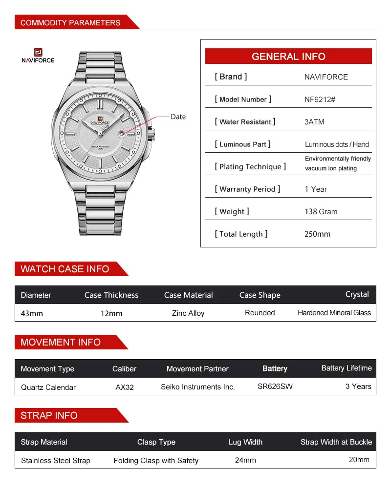 Montre NAVIFORCE — Classique, Acier Inoxydable