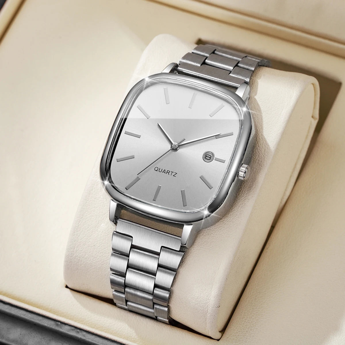 Montre à bracelet en acier, montre carrée rétro en argent avec vrai calendrier, montre à quartz haut de gamme pour hommes et femmes en or brique