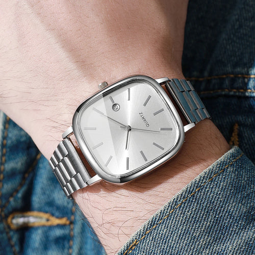 Montre à bracelet en acier, montre carrée rétro en argent avec vrai calendrier, montre à quartz haut de gamme pour hommes et femmes en or brique