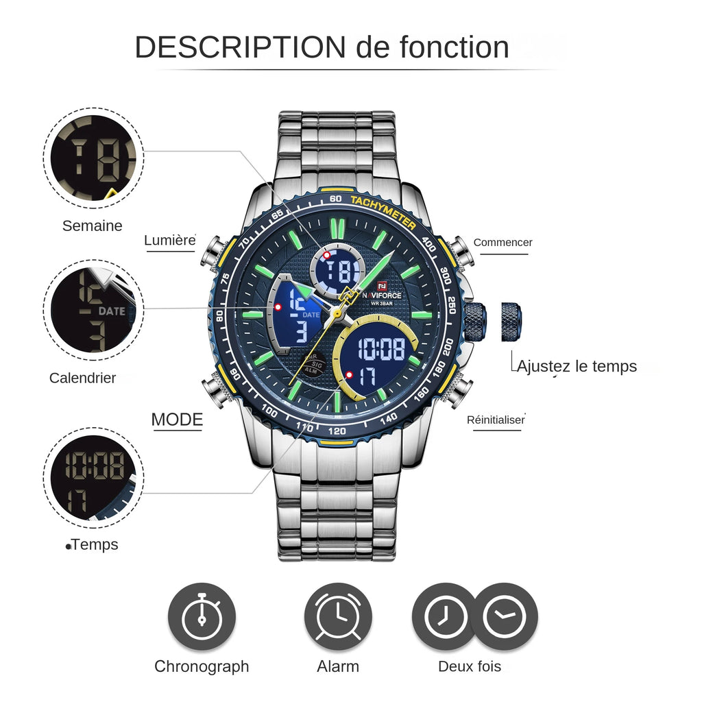 Montre NAVIFORCE — Chronographe Quartz, Bracelet Acier
