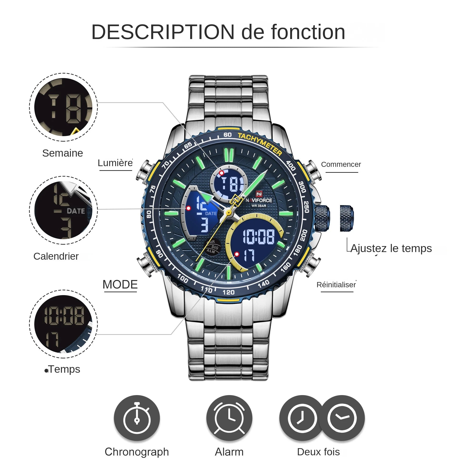 Montre NAVIFORCE — Chronographe Quartz, Bracelet Acier