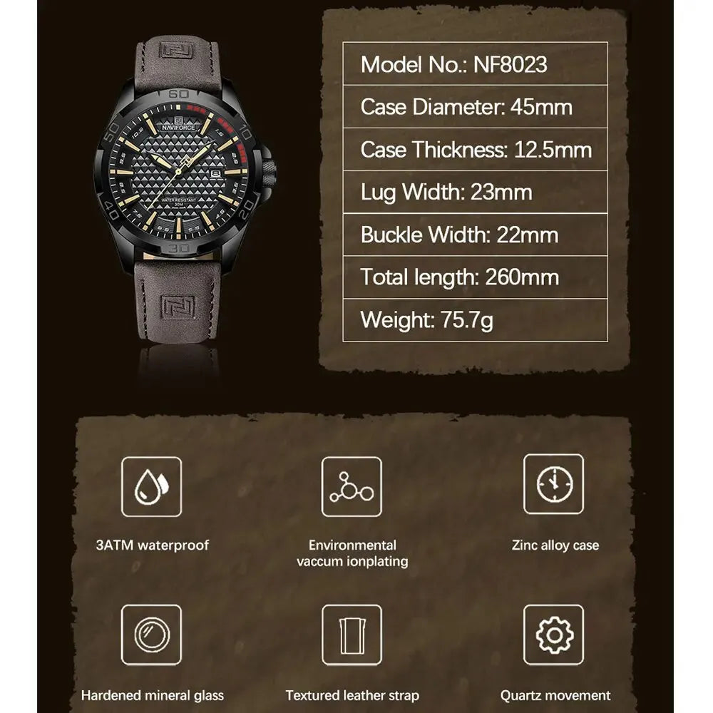 Montre NAVIFORCE 8023 — Calendrier, Cuir