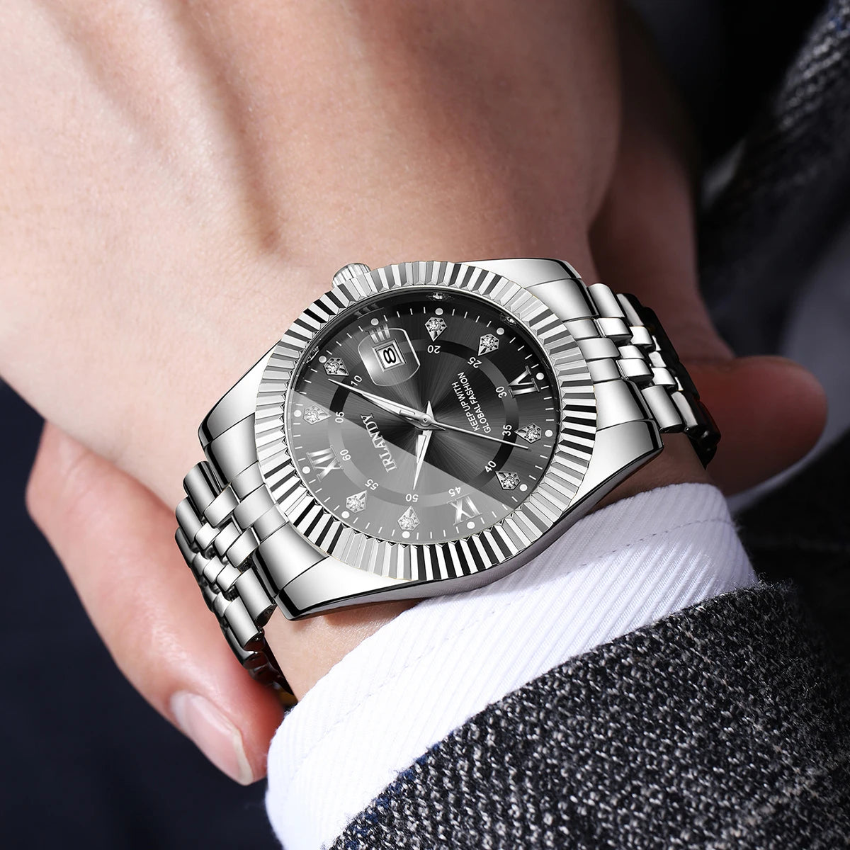 Montres pour hommes à strass mode, montre d'affaires de luxe avec bracelet en acier inoxydable, calendrier pour hommes, montre à quartz Reloj Hombre (sans boîte)