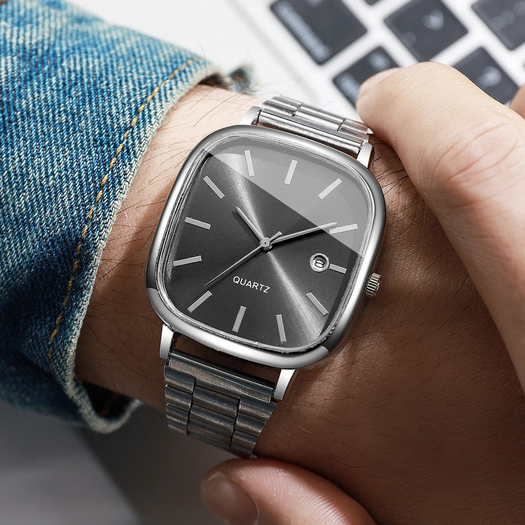 Montre à bracelet en acier, montre carrée rétro en argent avec vrai calendrier, montre à quartz haut de gamme pour hommes et femmes en or brique